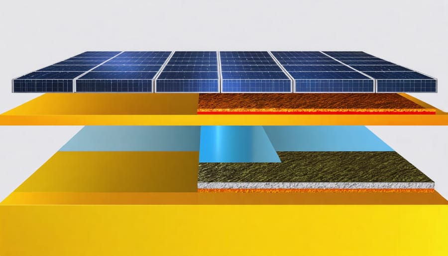 Cross-sectional diagram of perovskite-silicon hybrid solar cell architecture with labeled layers