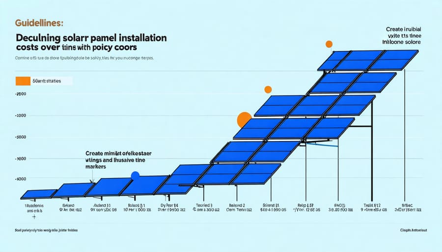 Line chart depicting solar PV installation cost trends with key policy events highlighted