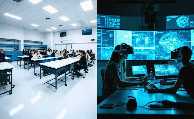 A split-screen image comparing a traditional PV manufacturing classroom with in-person equipment training, alongside a modern digital learning environment featuring virtual simulations.