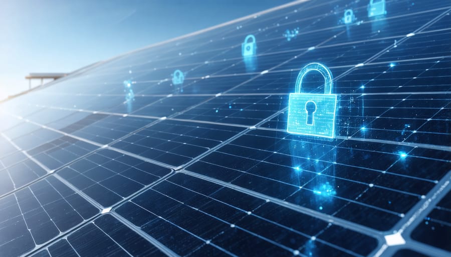 Conceptual illustration showing solar PV panels protected by digital security elements