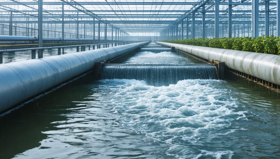 Industrial water recycling system with filtration units and storage tanks in solar panel production