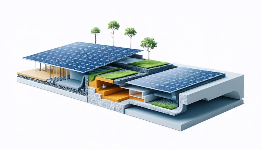 Exploded view diagram of solar panel layers showing bio-based encapsulants, sustainable frames, and renewable backsheet materials