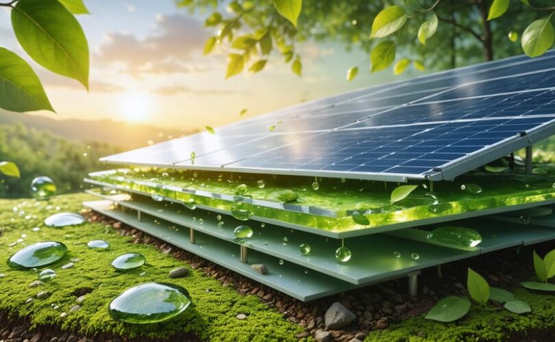 A conceptual depiction of a solar panel integrating renewable materials such as bio-based encapsulants and recycled silicon, symbolizing the transition to more sustainable solar energy technologies.