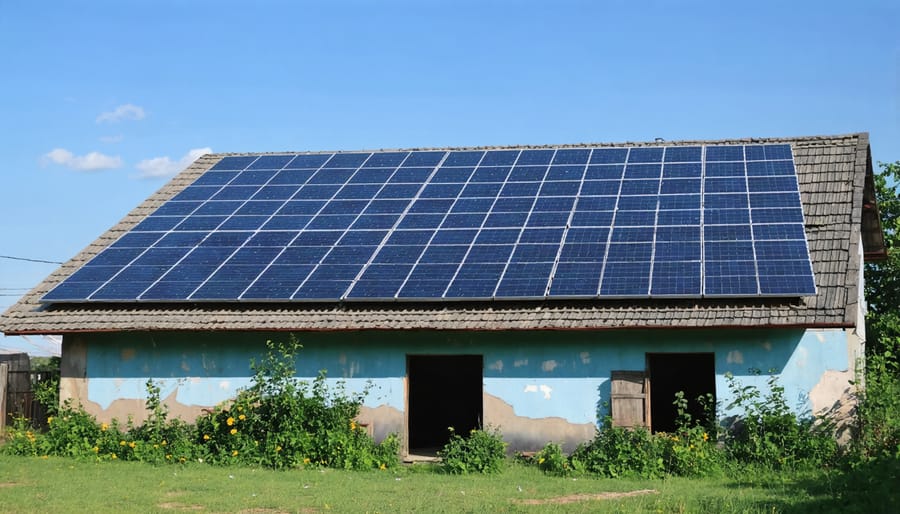 Solar panels mounted on a rural community building with people gathering nearby