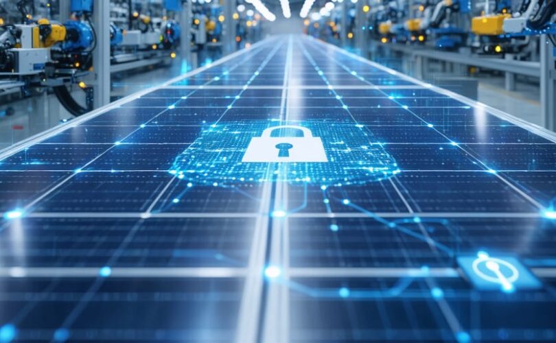 Conceptual representation of a smart factory floor in photovoltaic production, showcasing interconnected automated machines, robots, and IoT devices with digital overlays symbolizing cybersecurity measures.