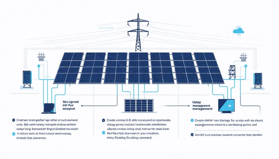 Illustrated diagram of solar PV grid integration showing power flow and smart grid components