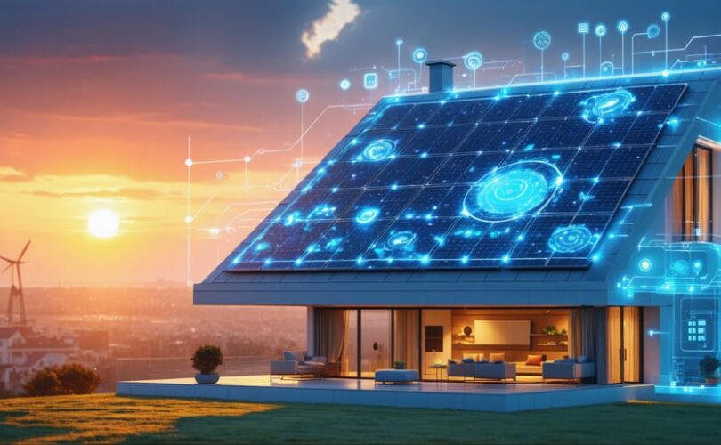 A futuristic residential home with integrated solar panels, showcasing smart technology interfaces and energy flow diagrams representing intelligent energy management and solar power integration.