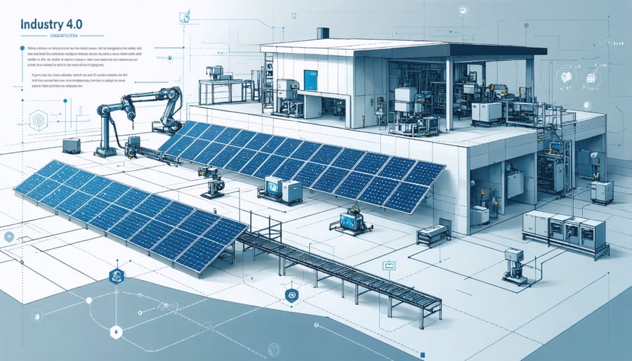 Smart factory floor with automated solar panel manufacturing equipment and digital monitoring displays