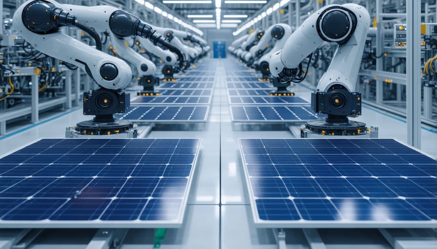 Automated PV manufacturing facility showing robotic assembly and IoT integration