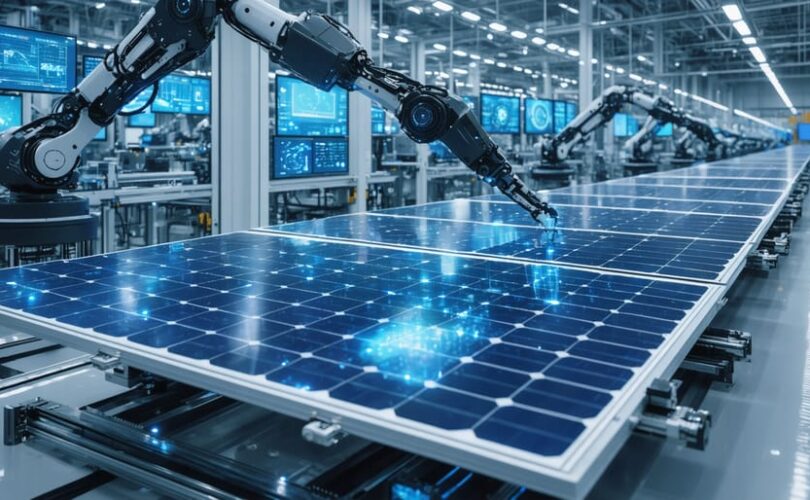 A futuristic smart factory showcasing advanced robotic arms assembling solar panels with precision, symbolizing the integration of automation and Industry 4.0 technologies in solar manufacturing.