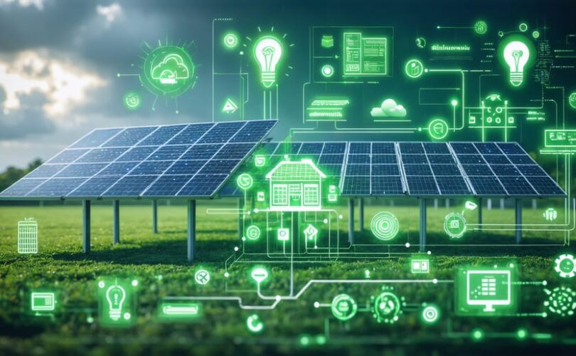 Illustration of a grid-connected solar system with solar panels, battery storage, and utility grid, highlighting energy flow management.