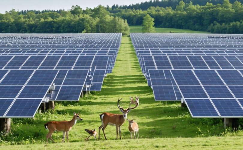 An integrated solar farm with green corridors and native plants, showcasing wildlife peacefully coexisting with solar panels in a sustainable landscape.