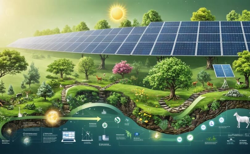 Conceptual illustration of a solar PV system harmoniously integrated into a natural landscape, depicting interconnected energy flows and ecosystem elements including plants and wildlife.