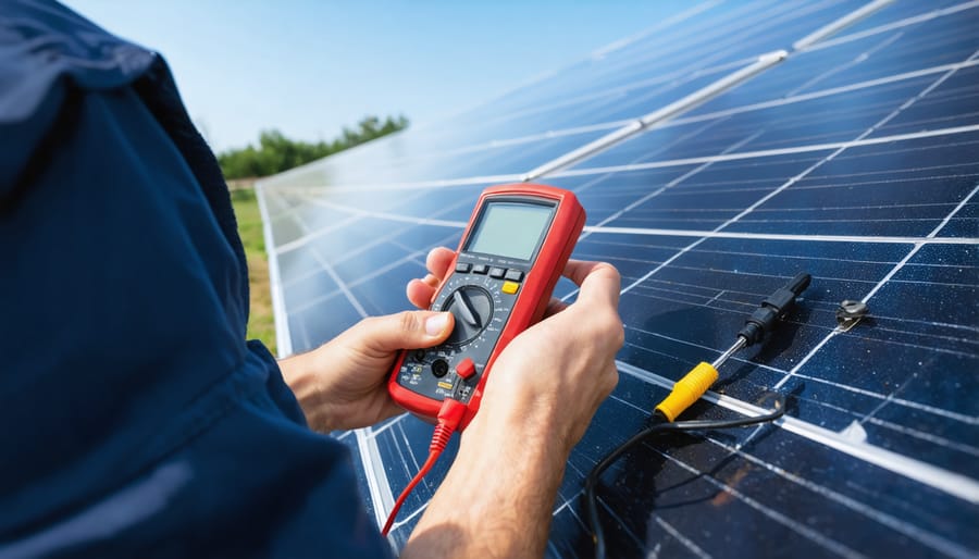 Technician performing electrical measurements on solar panel junction box