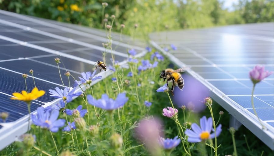 Butterflies and bees on wildflowers growing beneath solar panels