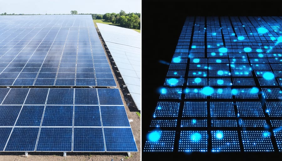 Side-by-side comparison of physical solar installation and its digital twin model highlighting maintenance issues