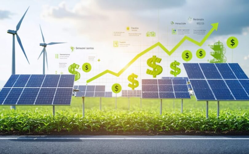 Conceptual illustration showcasing the relationship between solar panel technology, manufacturing growth, and economic incentives.