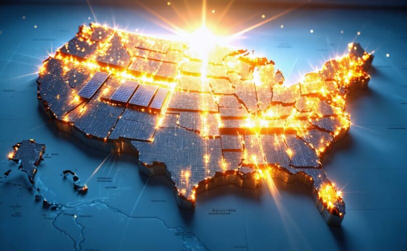 Conceptual map of the United States with solar panels representing growth in state solar manufacturing incentives, highlighting leading states like California, New York, and Texas.