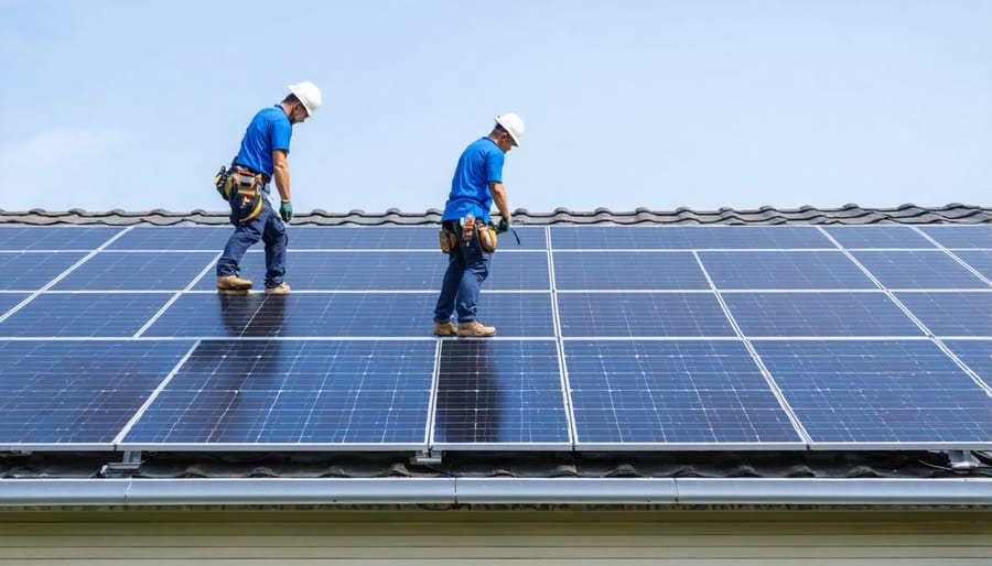 Solar technicians installing photovoltaic panels on a home rooftop