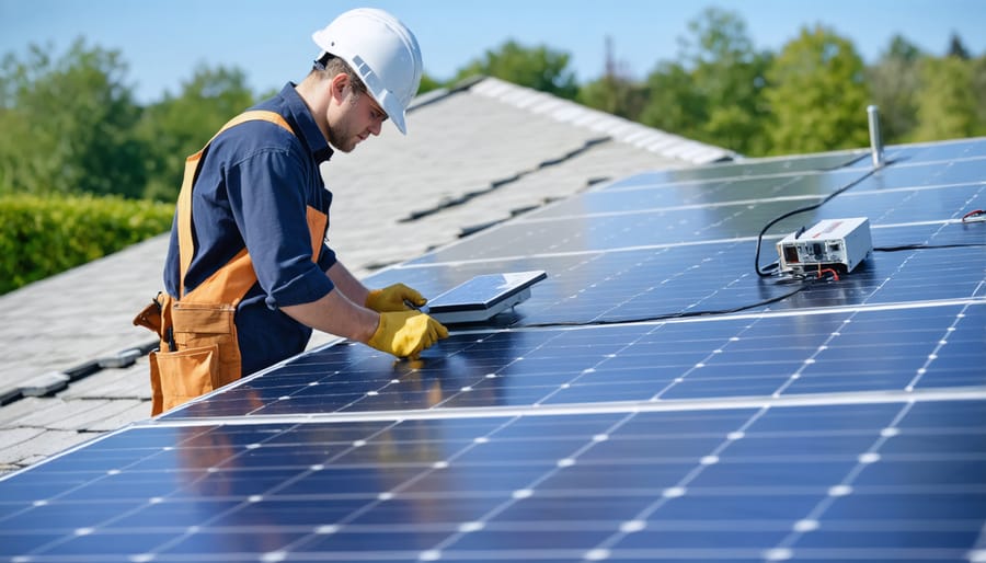 Solar technician performing maintenance check on rooftop solar installation