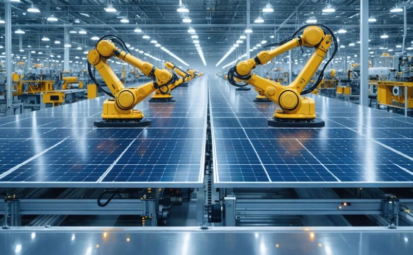 Advanced solar panel manufacturing facility with automated robotic arms and energy-efficient LED lighting, representing eco-friendly production methods and renewable energy use.