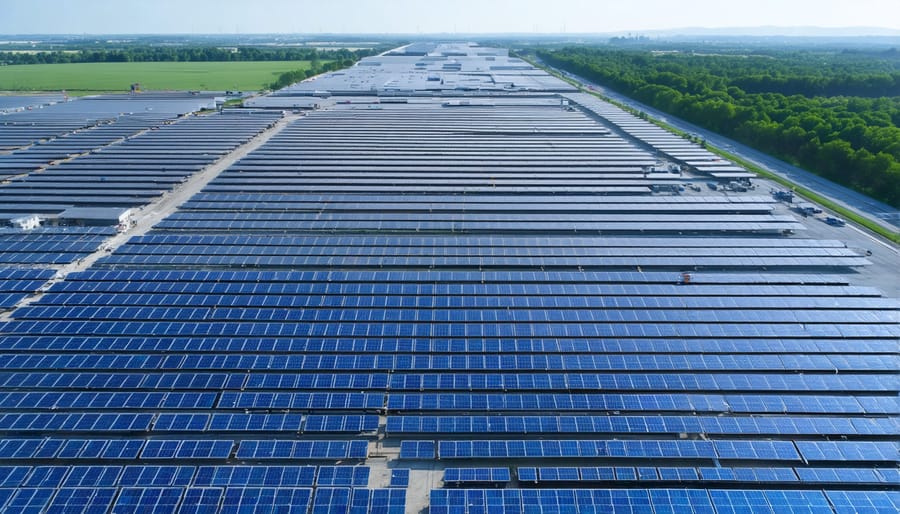 Modern solar panel production facility showing automated assembly lines