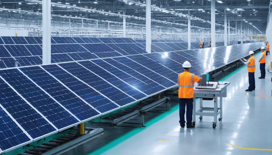Interior view of a solar panel manufacturing facility with assembly lines and quality control stations