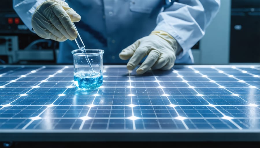 Scientists in lab environment testing new sustainable materials for solar panel manufacturing