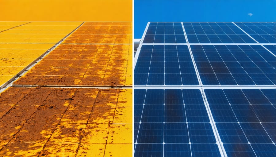 Comparison of clean and dirty solar panels demonstrating impact on power output