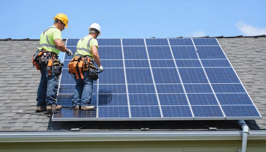 Professional solar installers working on roof mounting solar panels