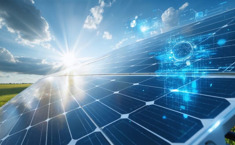 Conceptual image depicting a solar panel with adjustable tilt angles, surrounded by symbols of data analytics, automated cleaning systems, and smart inverter technologies, representing advanced methods to enhance solar energy output.