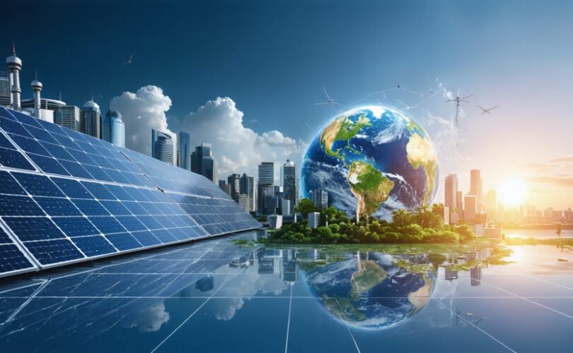 Conceptual collage illustrating the impact of solar policies on global photovoltaic power, featuring solar panels, government buildings, and a glowing Earth symbolizing sustainability.
