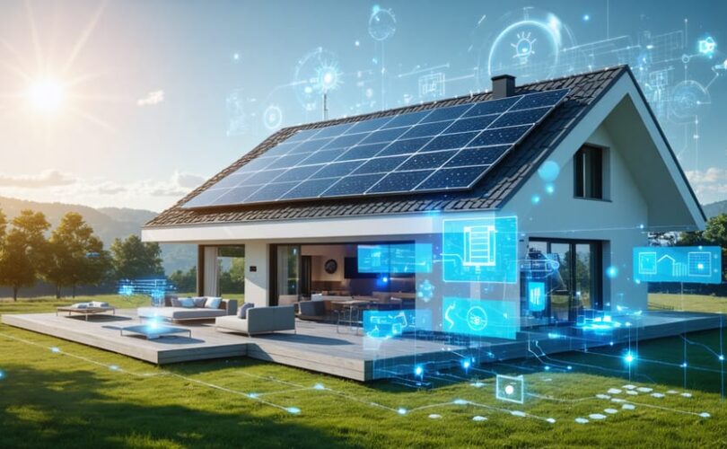 Conceptual illustration of an off-grid home utilizing solar panels and advanced battery storage for energy independence, enhanced with digital elements representing smart energy management.