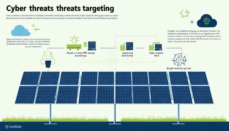 Diagram illustrating various cybersecurity threats to solar PV monitoring systems