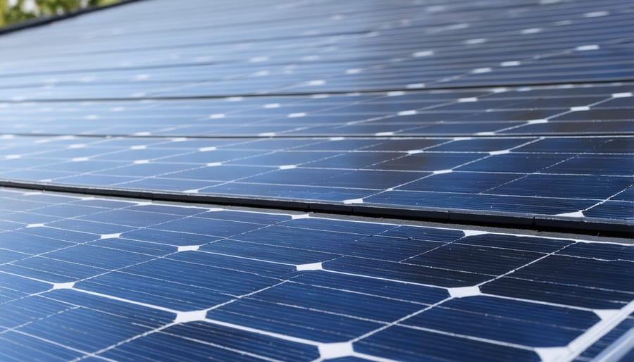 Detailed view of BIPV roof tiles installation and electrical connections