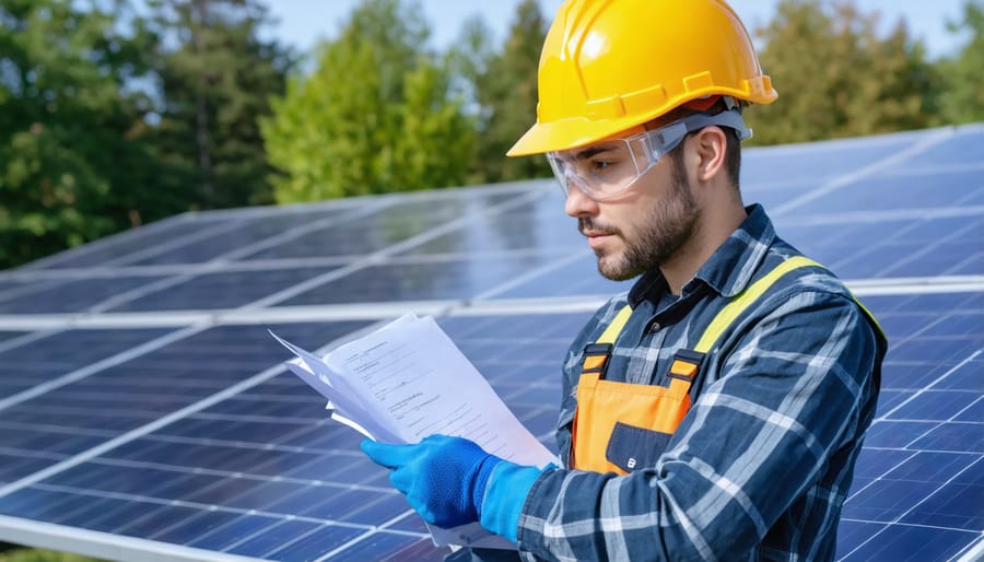 Solar technician wearing complete safety equipment during system inspection