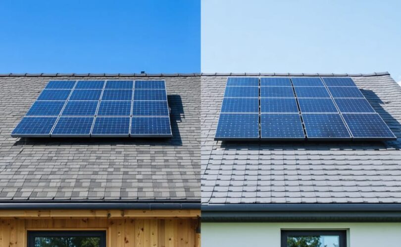A split view of a residential roof displaying solar shingles on the left and traditional solar panels on the right, illustrating the aesthetic and functional differences between the two renewable energy solutions.