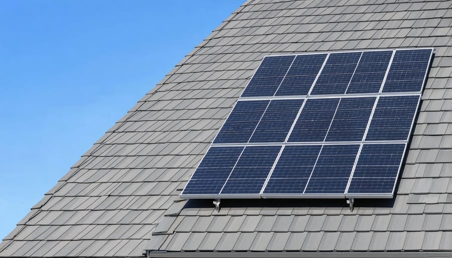 Split image showing solar shingles on left and solar panels on right of residential roofs