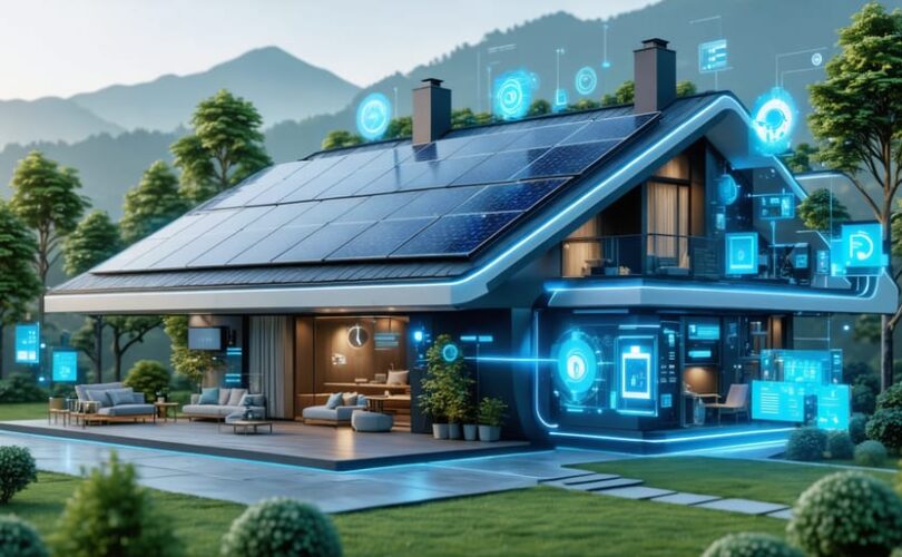 An artistic representation of a modern home equipped with advanced solar panels and various battery storage systems, depicting futuristic and intelligent energy management technologies ensuring sustainable energy independence.