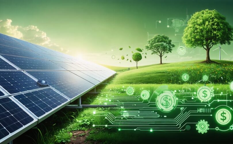 Conceptual illustration showing a solar panel transitioning into a green landscape with currency symbols and technological elements, representing the sustainability and economic viability of solar power.