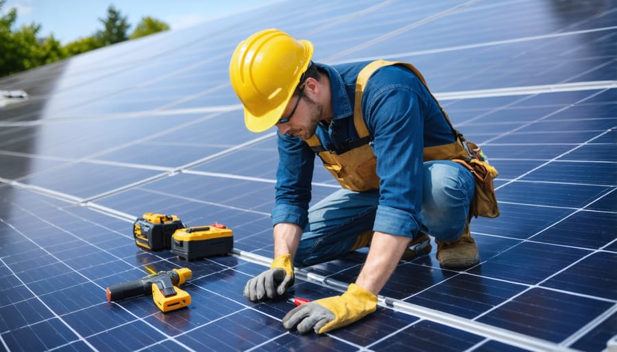 Solar system maintenance technician checking panel connections and system components