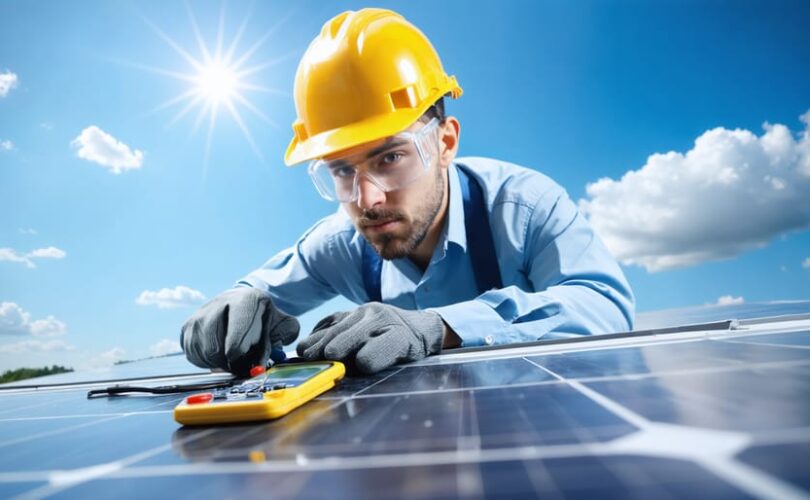 Technician wearing safety gear inspecting solar panels with a multimeter, demonstrating precise troubleshooting steps for optimal solar system performance.