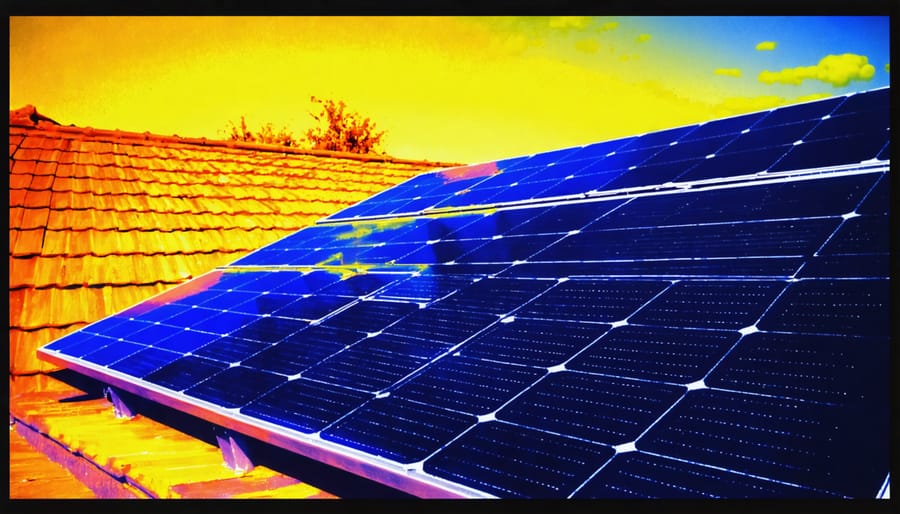 Infrared thermal image displaying temperature variations across solar panels
