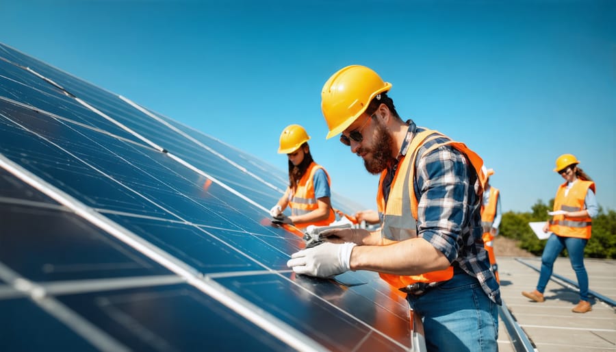 Group of students learning solar panel installation techniques in a training facility