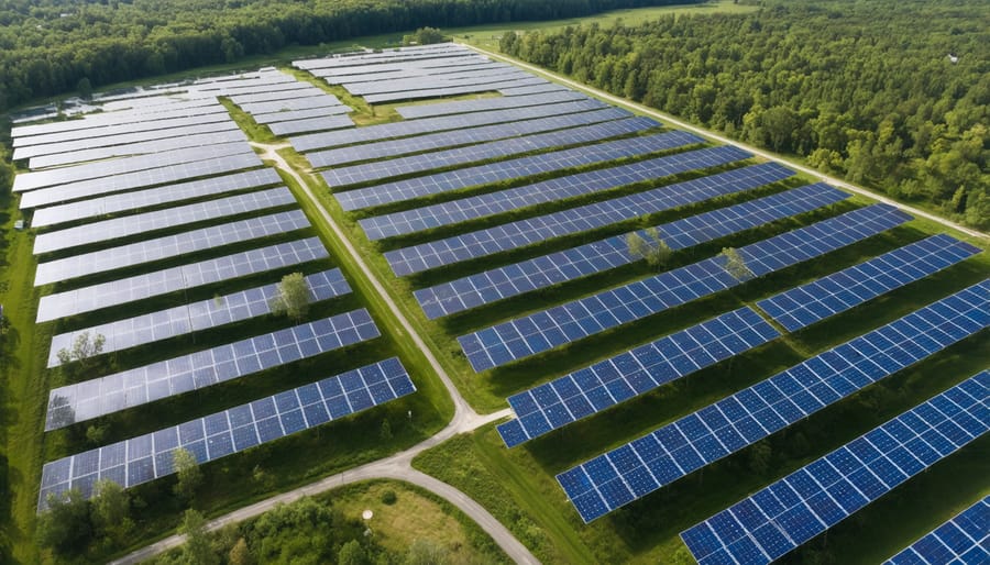 Solar panel array with green corridors between rows allowing wildlife passage