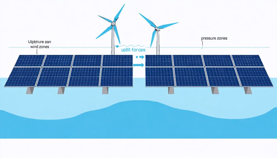 Diagram illustrating wind load dynamics and force vectors on solar panel installation