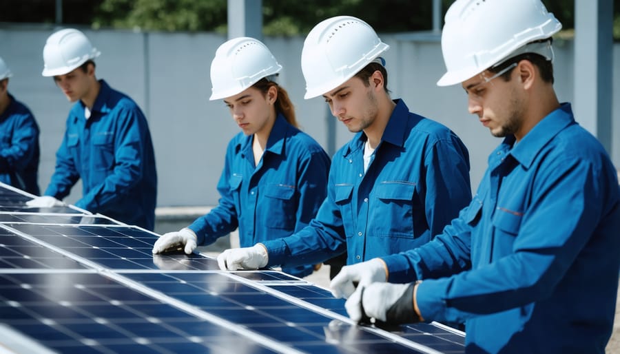 Workers receiving hands-on training in solar panel manufacturing techniques