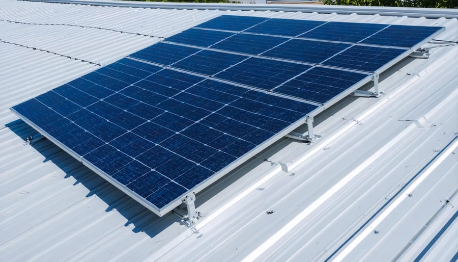 Detailed view of solar panel clamps and mounting hardware on a standing seam metal roof