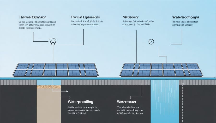 Diagram explaining thermal expansion considerations and waterproofing methods in metal roof solar systems