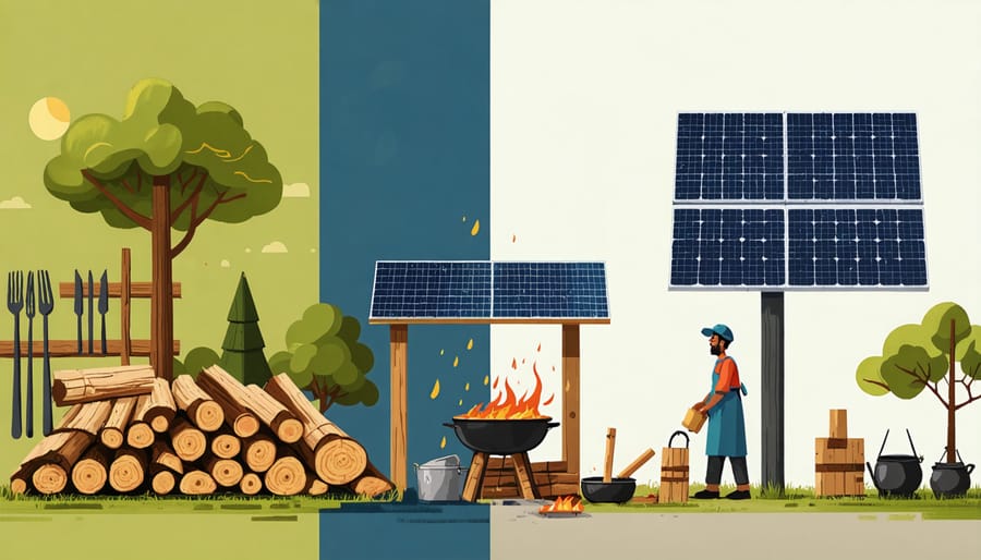 Side-by-side comparison of traditional cooking methods and modern solar technology